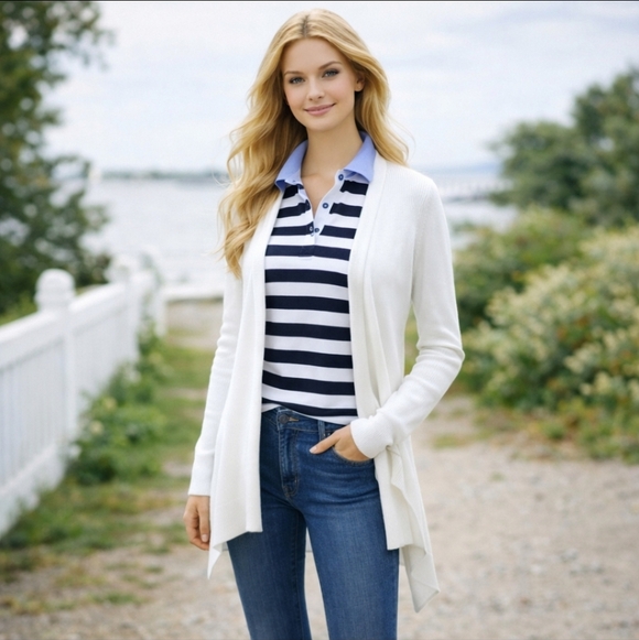 White House Black Market Sweaters - WHBM White Cardigan Ribbed Knit Open Front Hi Low preppy Classic Sz M